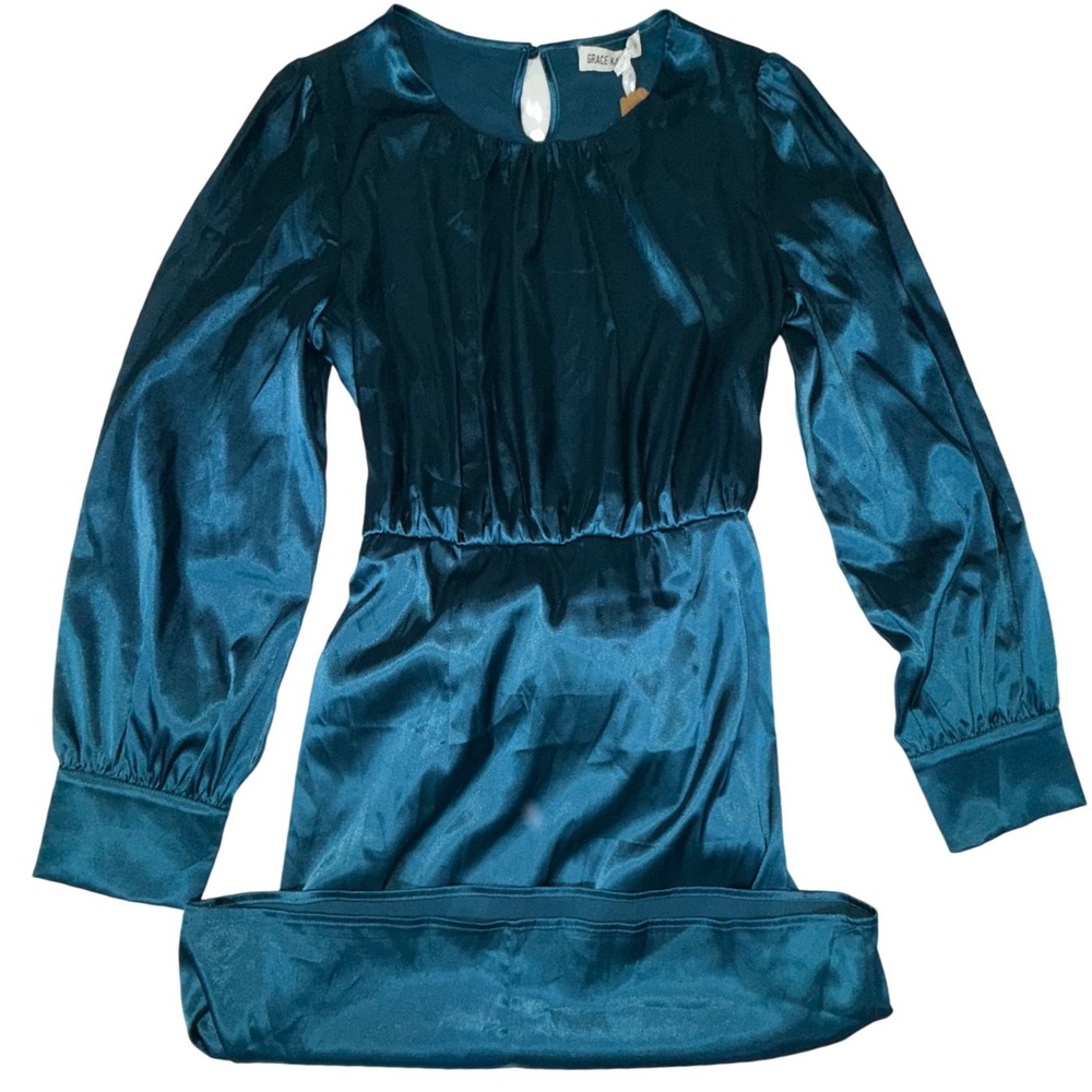 Grace Karin Satin Long Sleeve Dress Womens Large Teal Blue NWT Bow Back Detail